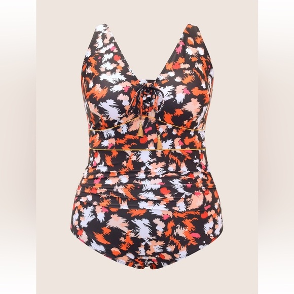 BloomChic Plus Size 4XL Brush Print Ties Tassel One Piece Swimsuit us 26 - Picture 6 of 7